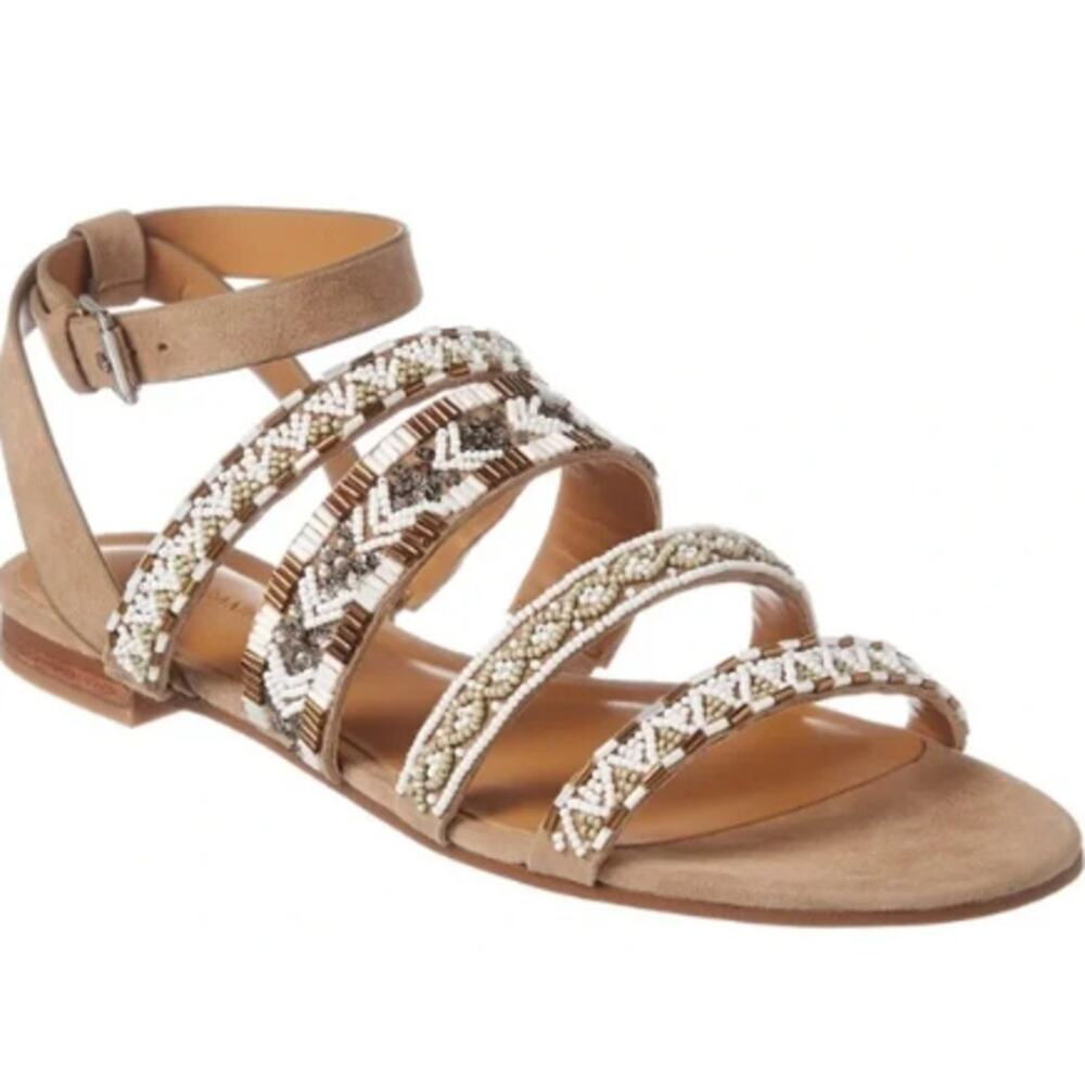Rebecca Minkoff Leila Sandal Women 9.5 Tan Suede Beaded Ankle Strap Boho Flat
